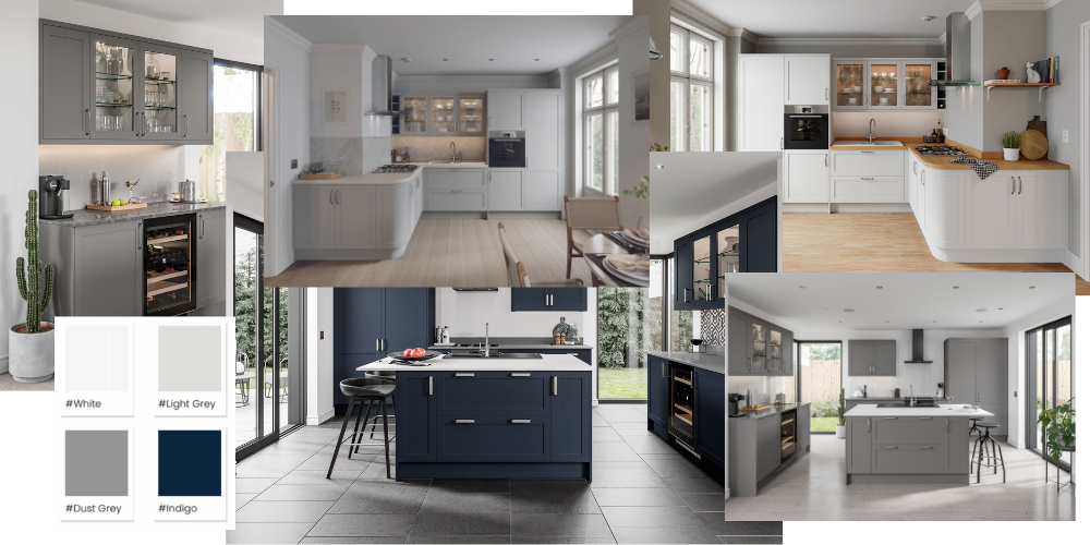 Images of kitchen ranges in the Neo Esprit style including three white, one grey and one dark blue kitchen cupboard themes